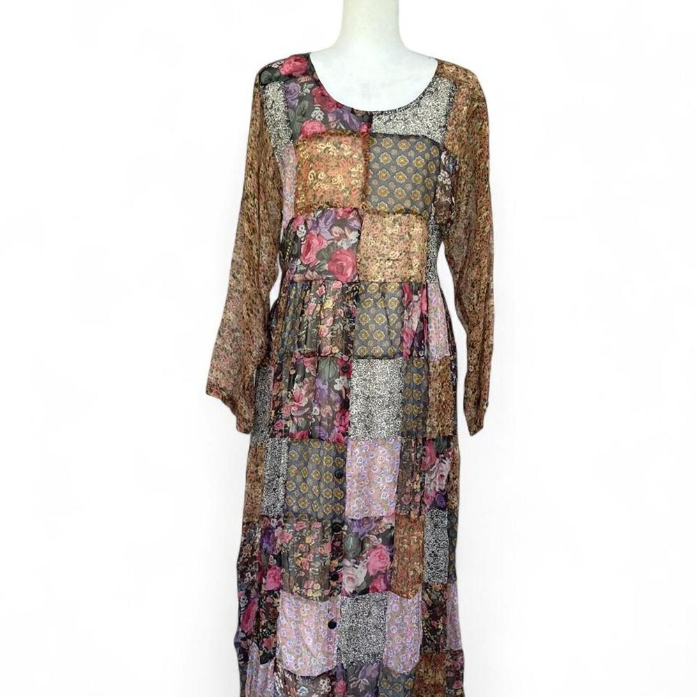 La Femme Vintage Boho Patchwork Maxi Dress 100% Rayon Floral Sheer Long Sleeve M